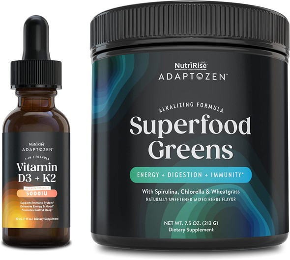 AdaptoZen Super Greens  Vitamin D3  K2 Ultimate Wellness Bundle to Support Immunity Mood Energy Sleep  Gut Health. Vegetarian Supplements for Men  Women in Partnership with Michael Beckwith