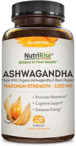 Organic Ashwagandha Capsules  High Potency 1300 mg Ultimate Natural Sleep Support Immune Support Focus and Energy Supplement with Black Pepper for Wellbeing and Vitality
