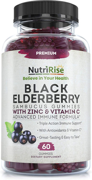 Sambucus Elderberry Gummies with Zinc  Vitamin C. GreatTasting Women  Mens Daily Herbal Supplement for Immune Support  Skin Health. Natural Elderberries. Vegan  GlutenFree