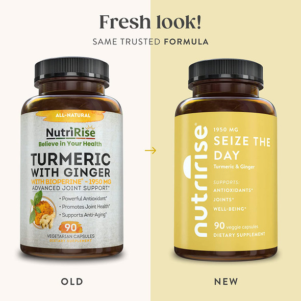 NutriRise Turmeric Curcumin with Ginger  Black Pepper Extract  Seize The Day  90ct  1950 mg Maximum Absorption Joint  Immune Support Antioxidant Wellness Formula for Men  Women GlutenFree