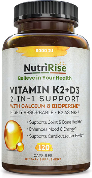 Vitamin K2  D3 Supplement with Calcium  5000 IU GlutenFree Immune  Energy Support Vegetarian Capsules to Support Joint Comfort Maximum Potency  Absorption with BioPerine