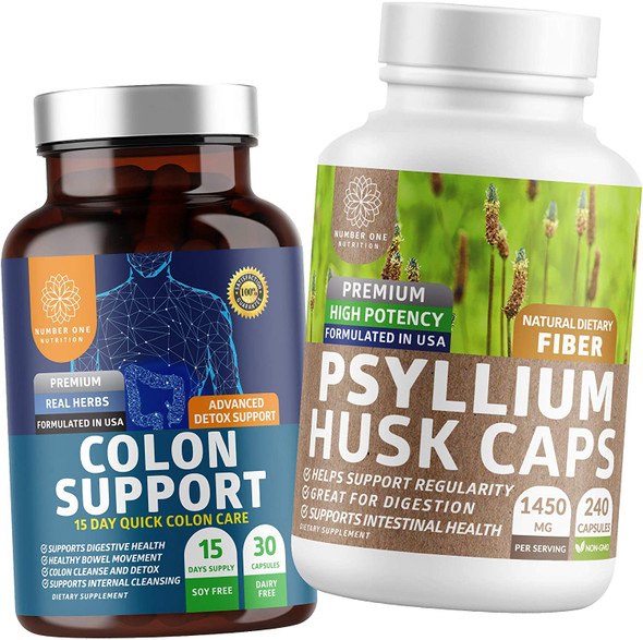 N1N Premium Psyllium Husk Capsules and Colon Cleanse and Detox All Natural Supplements to Support Healthy Digestion and Weight Loss 2 Pack Bundle