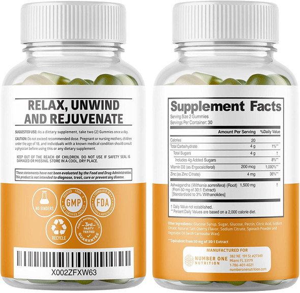 N1N Premium Ashwagandha Gummies Max Strength 1500mg  Natural Ashwagandha Supplement with Zinc and VITD2 to Support Stress Relief Brain Support  Immunity GlutenFree Vegan 60 Gummies