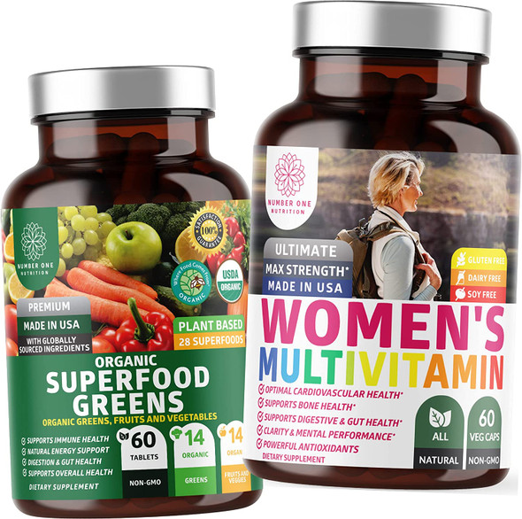 N1N Premium Womens Multivitamins and Organic Superfood Greens All Natural Supplements to Support Energy Immunity and Digestive Health 2 Pack Bundle