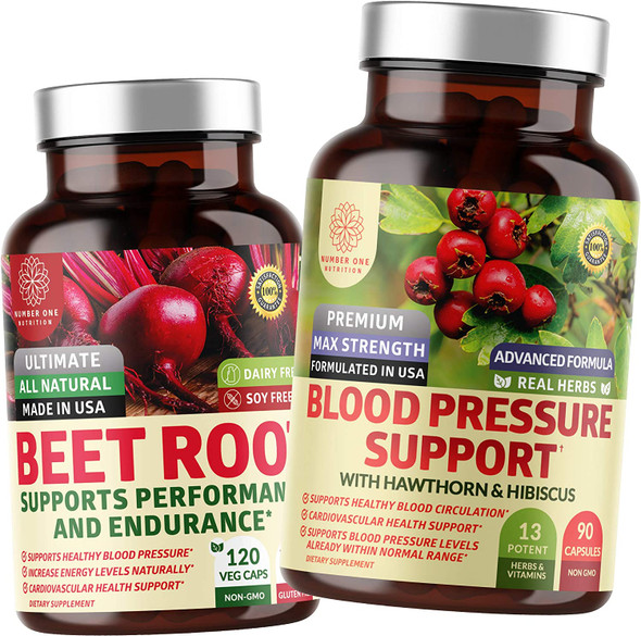 N1N Premium Blood Pressure Support and Organic Beet Root All Natural Supplements to Support Blood Pressure Levels and Improve Energy 2 Pack Bundle