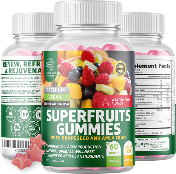 N1N Premium Superfruits Gummies 13 Potent Ingredients Antioxidant Supplement with Pomegranate  Acai Berry to Support Collagen Production for Hair Skin  Immunity Plant Based  Gluten Free 60 Ct