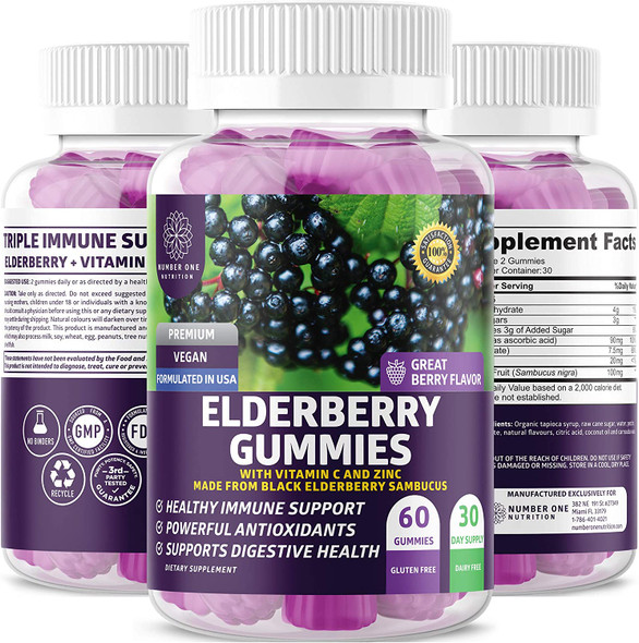 N1N Premium Elderberry Gummies for Kids  Adults Max Strength with Vitamin C  Zinc All Natural Antioxidant Supplement to Support Immune Health and Increase Energy Levels 60 Gummies