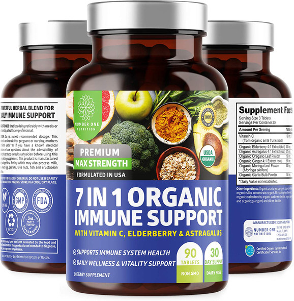 N1N Premium 7 in 1 Immune Support Supplement 100 USDA Organic Daily Immune Boost with Vitamin C Elderberry Moringa Leaf Oregano and Garlic for Immunity and Inflammatory Response 90 Tablets