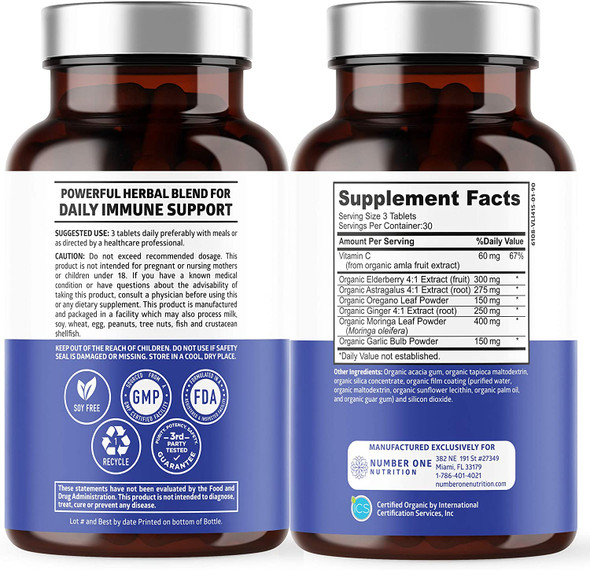 N1N Premium 7 in 1 Immune Support Supplement 100 USDA Organic Daily Immune Boost with Vitamin C Elderberry Moringa Leaf Oregano and Garlic for Immunity and Inflammatory Response 90 Tablets