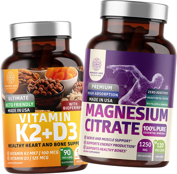 N1N Premium Magnesium Citrate and Vitamin K2D3 All Natural Supplements to Support Bone Strength Muscle Functions and Immunity 2 Pack Bundle