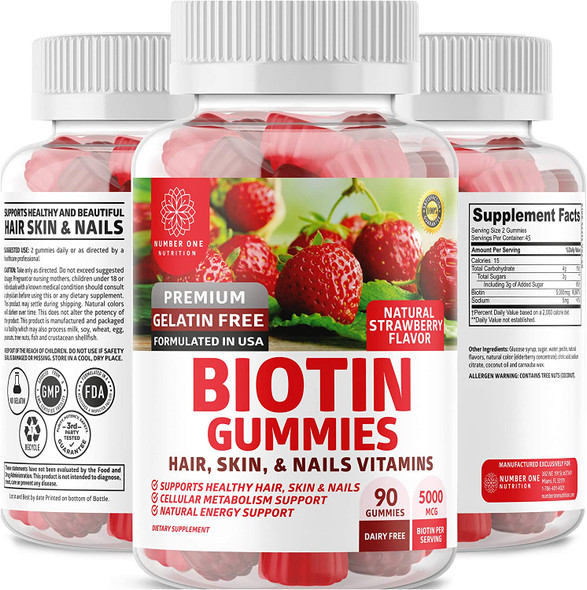 N1N Premium Biotin Gummies 5000mcg High Potency 90 Gummies for Healthy Hair Skin and Nails for Adults and Kids Vegan NonGMO Pectin Based