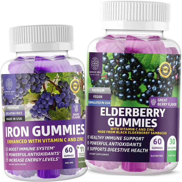 N1N Premium Iron Gummies 11 Powerful Ingredients and Elderberry Gummies Max Strength with VIT C  Zinc to Support Immunity and Boost Energy Levels 2 Pack Bundle