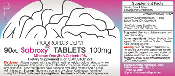 Sabroxy Tablets  100mg  90 Count  Minimum 10 OroxylinA  Oroxylum indicum  May Help Promote Focus  Motivation  May Help Promote Cognitive Function