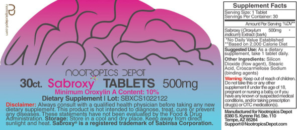 Sabroxy Tablets  500mg  30 Count  Minimum 10 OroxylinA  Oroxylum indicum  May Help Promote Focus  Motivation  May Help Promote Cognitive Function