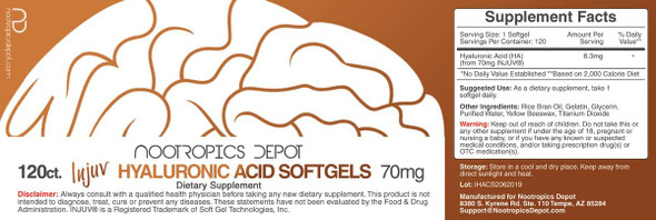 Injuv Softgels  70mg  120 Count  Natural Hyaluronic Acid  Skin Health Supplement