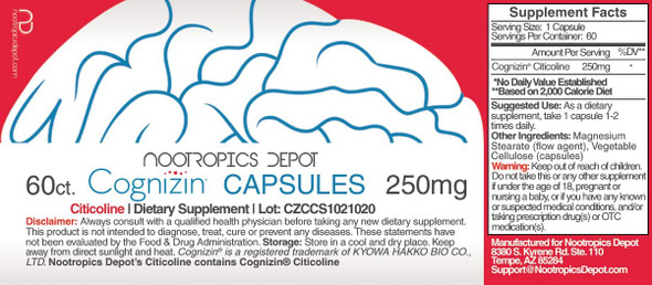 Cognizin Citicoline Capsules  60 Count  Choline Supplement  Brain Health Supplement  Regulates Memory and Cognitive Function  Supports Attention Focus and Recall