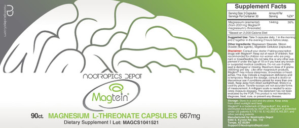 Magtein Magnesium LThreonate Capsules  90 Count  Mineral Supplement  Natural Nootropic  Supports Mitochondrial Function  Boosts Energy and Cognitive Function