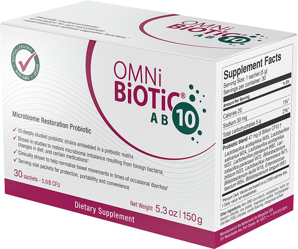 OMNiBiOTiC AB 10  Clinically Tested Restorative Probiotic  Supports  Restores Gut Flora  Digestion  Digestive Probiotic for Diarrhea  Vegan Hypoallergenic NonGMO 30 Daily Packets