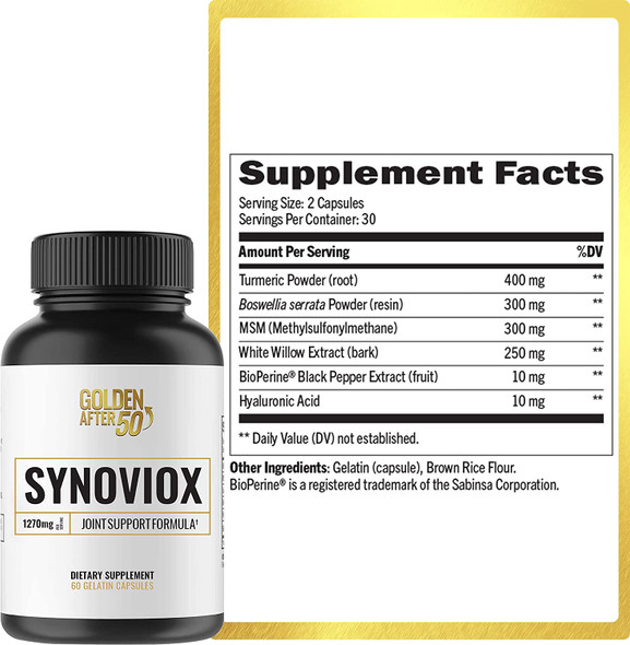Golden After 50 Synoviox  1270mg Joint Supplement Formula  60 Gelatin Capsules  Supports Joint Health and Joint Pain Relief  Boswellia Capsules with Cucurmin Hyaluronic Acid and Bioperine