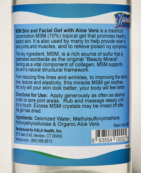 Kala Health MSMPure Max Strength Skin and Facial MSM Gel with Organic Aloe 8 oz Preservative Free Made in the USA