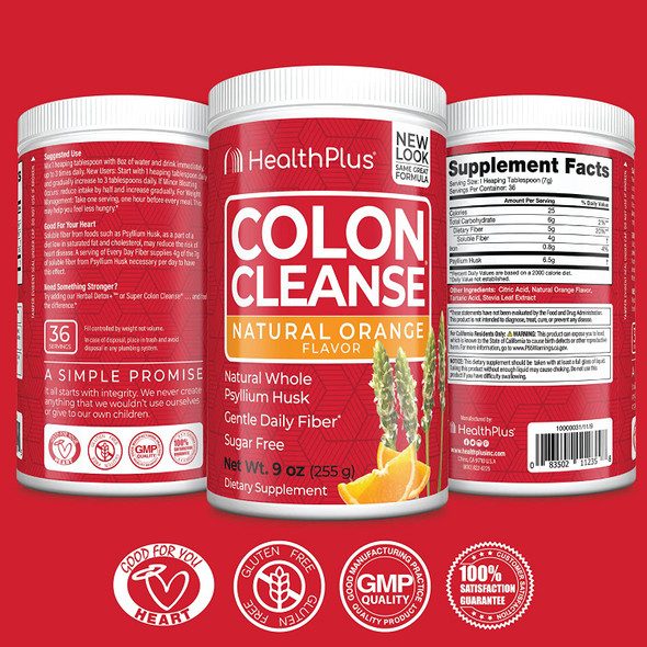 Health Plus Colon Cleanse  Natural Daily Fiber  No Artifical Flavors Natural Sweetener Gluten Free Detox Heart Healthy Orange Flavor 9 Ounces 36 Servings