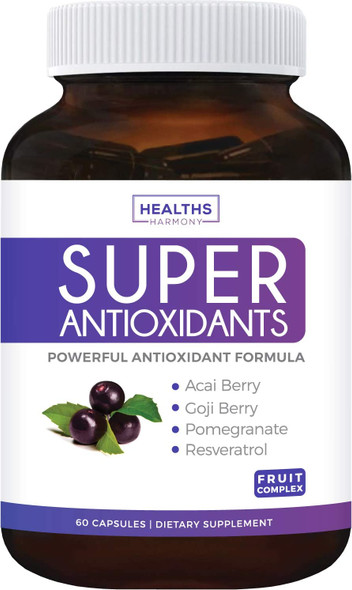 Super Antioxidant Supplement  Powerful Super Food Antioxidants Blend  Acai Berry Goji Berry Pomegranate  Trans Resveratrol  Natural Herbal Fruit Formula  Skin Care  60 Capsules
