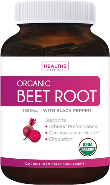 USDA Organic Beet Root Powder 120 Tablets 1350mg Beets Per Serving with Black Pepper for Extra Absorption  Nitrate Supplement for Circulation Heart Health Super Athletic Performance  No Capsules