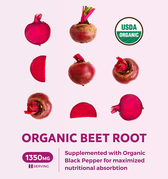 USDA Organic Beet Root Powder 120 Tablets 1350mg Beets Per Serving with Black Pepper for Extra Absorption  Nitrate Supplement for Circulation Heart Health Super Athletic Performance  No Capsules