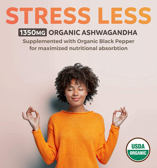 USDA Organic Ashwagandha 120 Tablets  Vegetarian 1350mg Per Serve with Black Pepper  Natural Adrenal Support Cortisol  Thyroid Support Immune Support  No Pills or Capsules