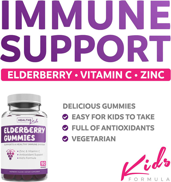 Elderberry Gummies for Kids with Vitamin C  Zinc 90 Delicious Raspberry Gummies Immune Support Supplement for Children  Sambucus Elderberry Gummies  3 Months Supply Vegetarian  No Pills