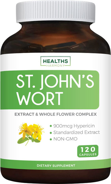 St. Johns Wort  120 Capsules NonGMO Powerful 900mcg Hypericin  St Johns Wort Herb Extract  No Oil Pills or Tincture  500mg Per Capsule Supplement
