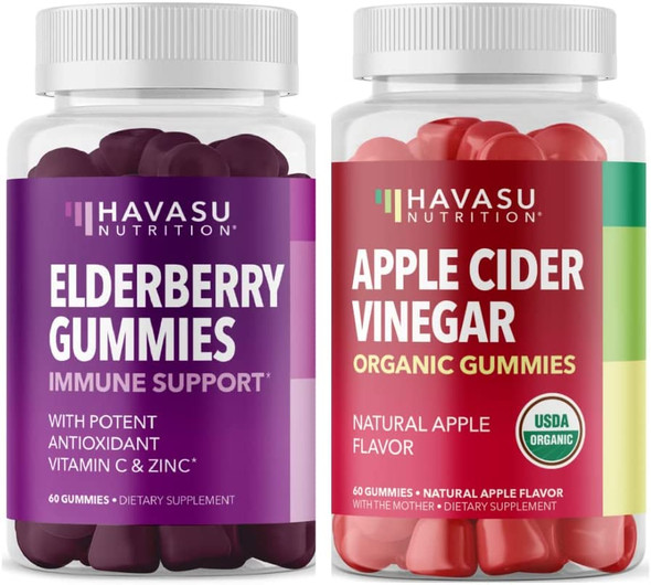 Elderberry Gummies with Zinc and Vitamin C with Apple Cider Vinegar Herbal Supplement Bundle for Potent Antioxidant Support Immune Defense and Detox Cleanse