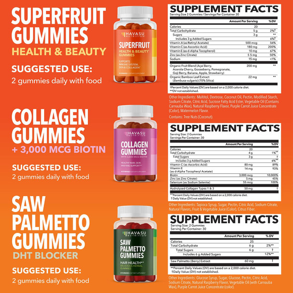 Superfruit Collagen and Saw Palmetto Gummies Bundle for Hair Skin and Nails Growth Supplement for Women and Men to Assist Reversal of Balding  Hair Thinning