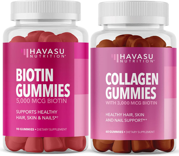 Biotin and Collagen Gummies Bundle Ultimate Hair Growth Supplement with 5000mcg Type I and III with Zinc Vitamin E  C and 3000mcg Biotin for Hair Skin and Nail Growth