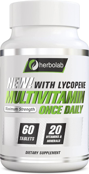 Multivitamin Once Daily Herbolab Max Strength Vitamins A C D E K B1 B2 B6 B12 Niacin Calcium Magnesium Zinc Selenium Copper Manganese Chromium with Lycopene 60 Count 2 Mo Supply
