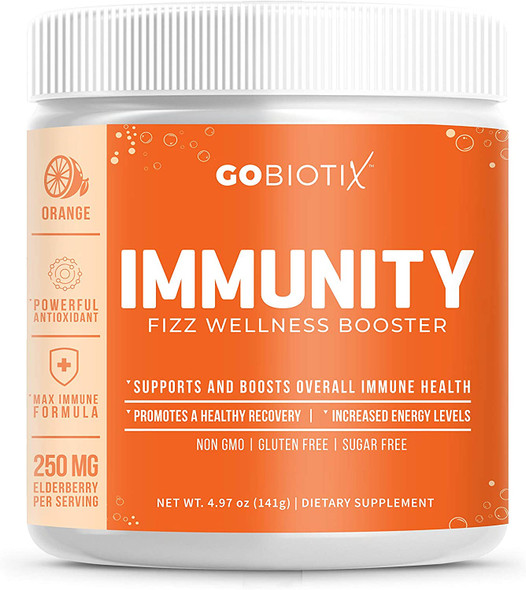 Immunity Fizz Wellness Booster by GoBiotix  Immune Defense Powder  Vegan Superfood  Elderberry Turmeric Vitamin C  B12 Supplement NonGMO Gluten Soy  Sugar Free  Immunity Support Orange