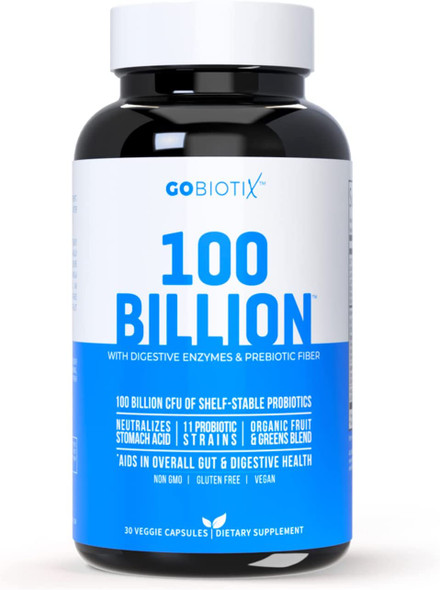 GoBiotix 100 Billion  Probiotics Prebiotics  Digestive Enzymes Blend  High Potency with 100 Billion CFU  Enhanced with Organic Fruit  Organic Greens Blend  Vegan NonGMO  USA Made 30 Caps