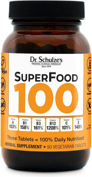 Dr. Schulzes  SuperFood 100  Vitamin  Mineral Herbal Concentrate  Dietary Supplement  Daily Nutrition  Increased Energy  GlutenFree  NonGMO  Vegan  Organic  90 Tabs  Packaging May Vary
