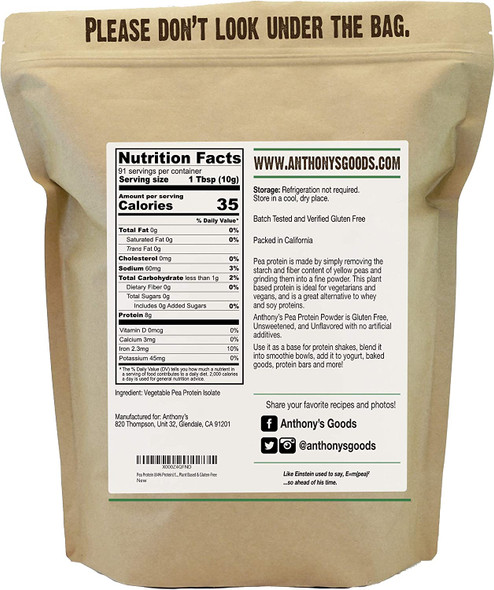 Anthonys Premium Pea Protein 2 lb Plant Based Gluten Free Unflavored Vegan Keto Friendly