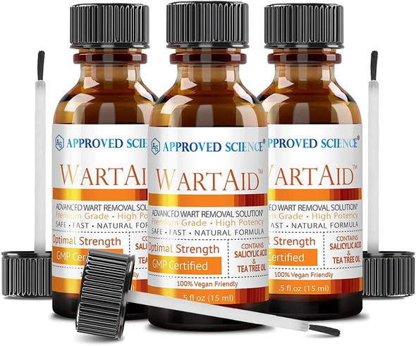 Approved Science WartAid  Fast Acting Wart Removal with Salicylic Acid and Tea Tree Oil  All Natural Soothing and Hydrating Solution  .5 Fl Oz.  3 Month Supply