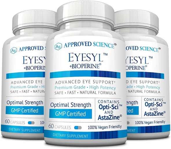 Approved Science EyeSyl  Eye Health Supplement  Protect Against Eye Strain Dry Eyes Eye Fatigue  Chromium Picolinate Taurine Lutein Zeaxanthin Bilberry BioPerine  3 Bottles  Made in USA Approved Science EyeSyl  Eye Health Supplement  Protect Against Eye Strain Dry Eyes Eye Fatigue  Chromium Picolinate Taurine Lutein Zeaxanthin Bilberry BioPerine  3 Bottles  Made in USA