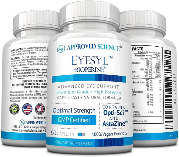 Approved Science EyeSyl  Eye Health Supplement  Protect Against Eye Strain Dry Eyes Eye Fatigue  Chromium Picolinate Taurine Lutein Zeaxanthin Bilberry BioPerine  3 Bottles  Made in USA Approved Science EyeSyl  Eye Health Supplement  Protect Against Eye Strain Dry Eyes Eye Fatigue  Chromium Picolinate Taurine Lutein Zeaxanthin Bilberry BioPerine  3 Bottles  Made in USA