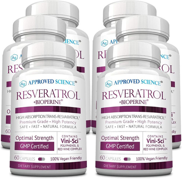 Approved ScienceResveratrol  1000 mg of Trans Resveratrol  250 mg of Polyphenol  98 Purity Level  Includes Bioperine 60 Vegan Friendly Capsules per Bottle 6 Bottles