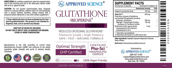 Approved ScienceGlutathione  Glutathione 500 mg  Phospholipid Complex Vitamin C Bioperine  Top Antioxidant to Help Neutralize Free Radical  Vegan Friendly  60 Capsules  1 Bottle