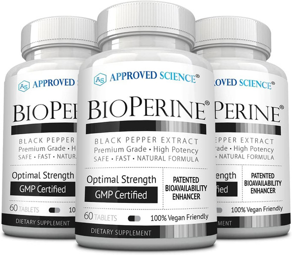 Approved Science BioPerine  Black Pepper Extract  Enhance Bioavailability  180 Tablets  Vegan  Made in The USA