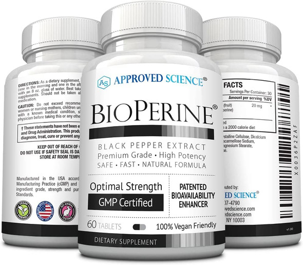 Approved Science BioPerine  Black Pepper Extract  Enhance Bioavailability  180 Tablets  Vegan  Made in The USA