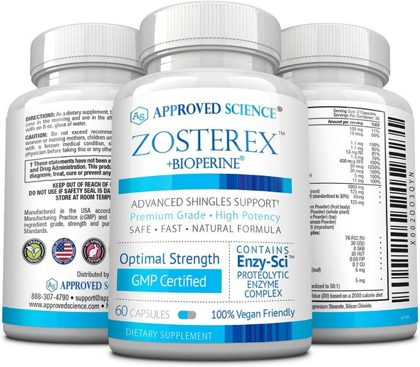 Approved Science Zosterex  Shingles Support  LLysine 1000 mg Vitamin B Blend Mushroom Blend  3 Month Supply  Vegan  Made in The USA