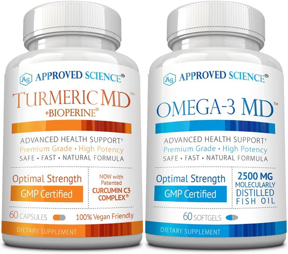 Approved ScienceTurmeric MD and Omega 3  Reduce Swelling  Improve Cardiovascular Cognitive and Joint Health  High Absorption  60 Count Per Bottle  Made in The USA