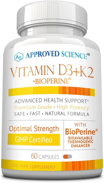 Approved Science Vitamin D3K2  Supports Optimal Bone Health and Immune Health  Vitamin D3 125 mcg Vitamin K2 180 mcg  60 Capsules  Made in The USA
