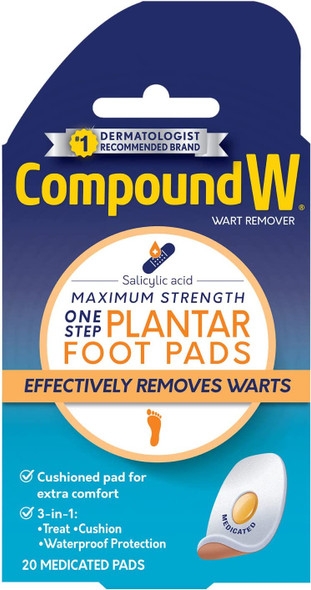 Compound W Maximum Strength One Step Plantar Wart Remover Foot Pads 20 Count